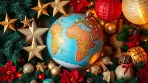 Globe surrounded by Christmas decorations from different cultures