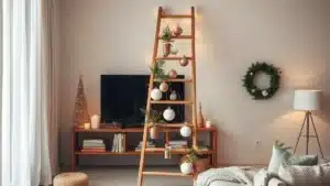 Wooden ladder decorated as alternative Christmas tree