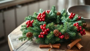 Handmade Christmas wreath with pine cones and red berries