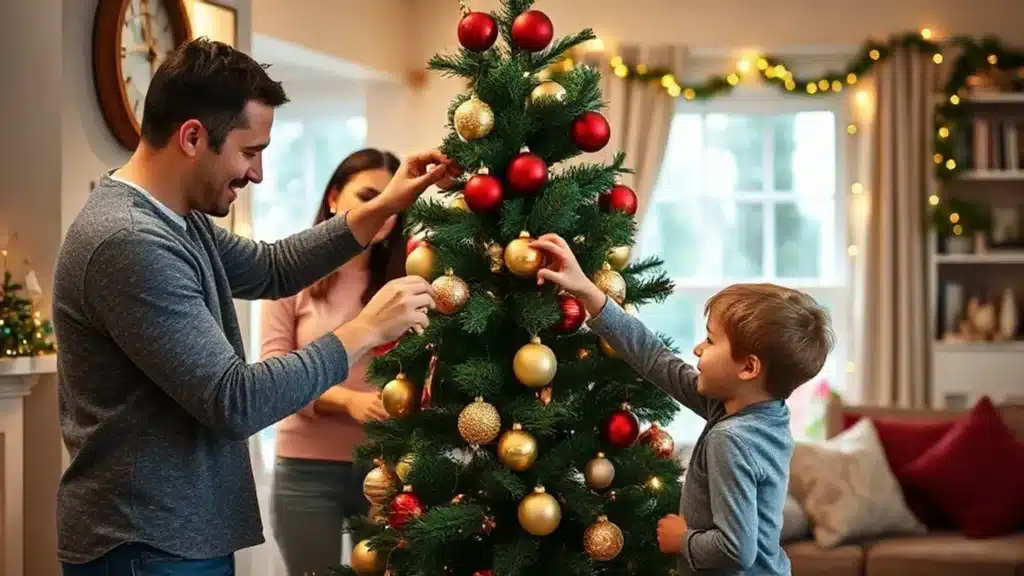 Family decorating Christmas tree together with children