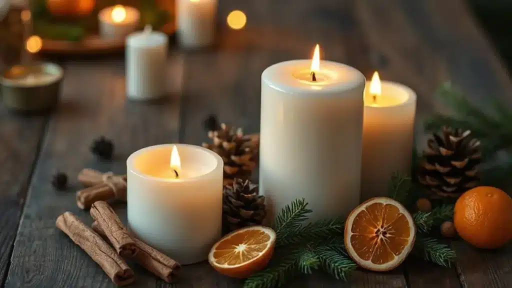 Lit Christmas candles with cinnamon and pine cones