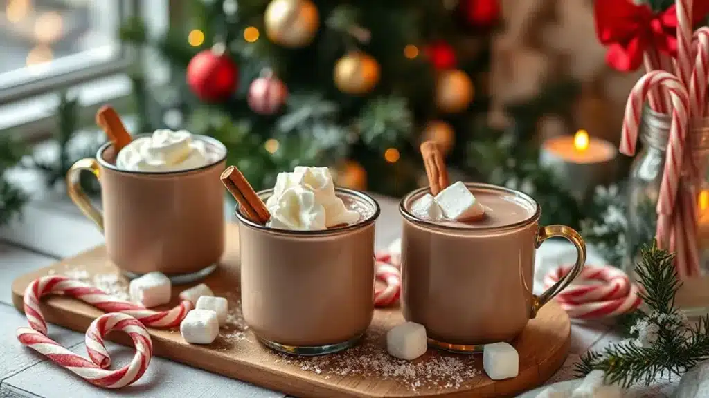 Hot chocolate bar with marshmallows and Christmas mugs