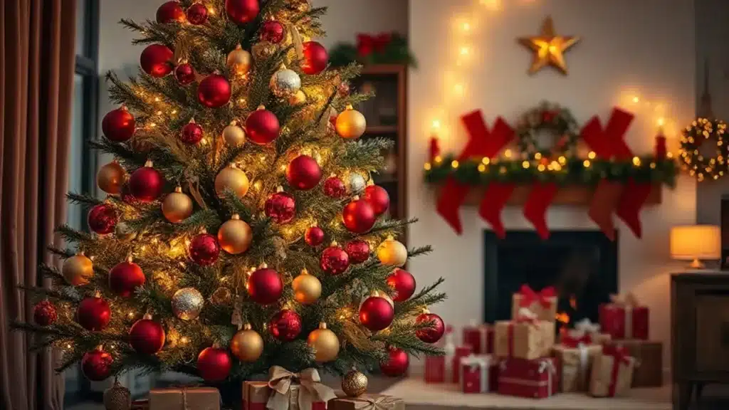 Decorated Christmas tree with red and gold baubles