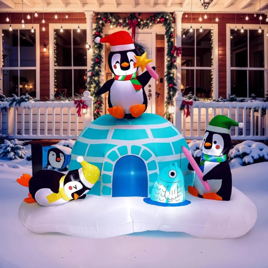1.8 m inflatable North Pole penguin and igloo with LEDs