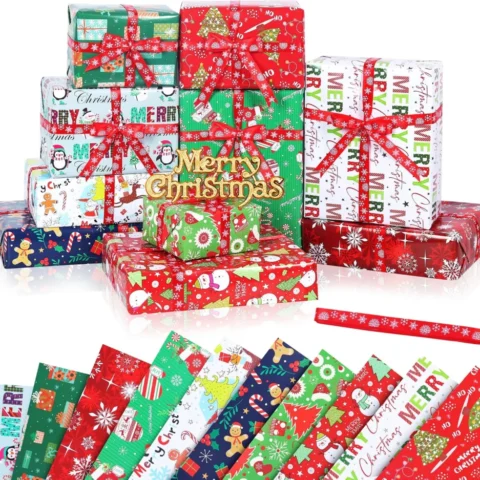 10 glossy Christmas wrapping sheets, 70 x 50 cm, with red ribbon