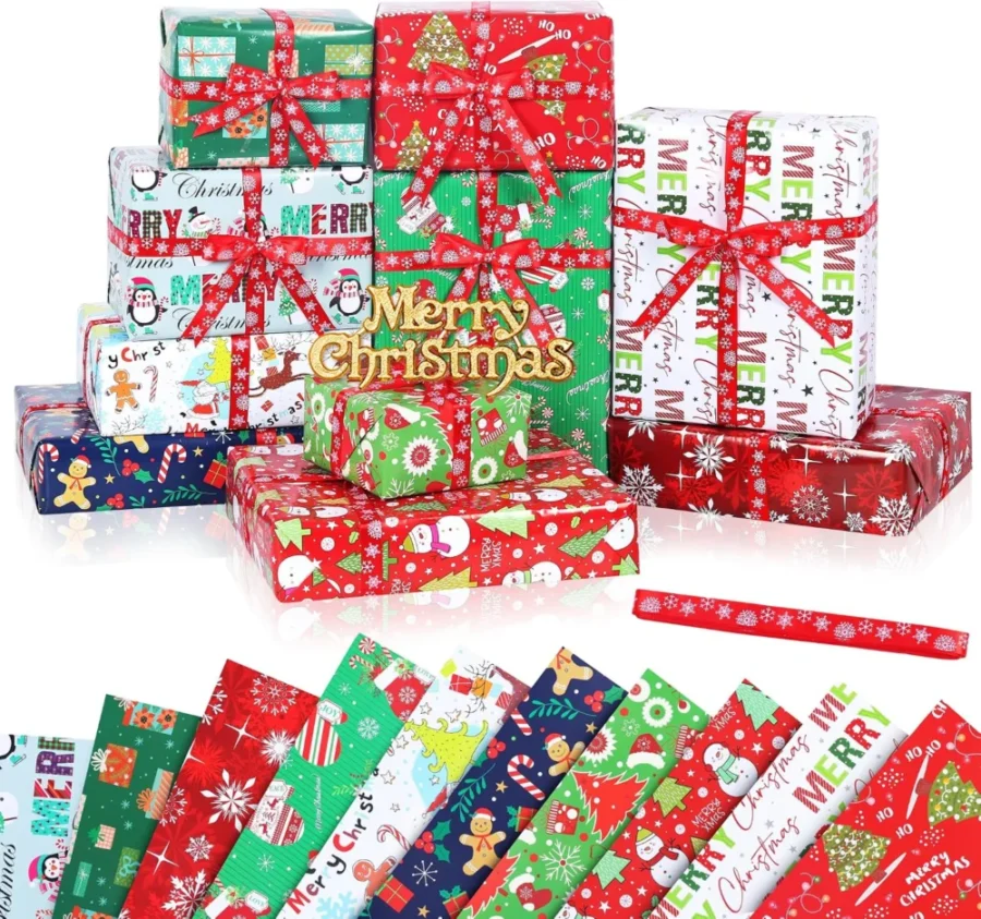 10 glossy Christmas wrapping sheets, 70 x 50 cm, with red ribbon