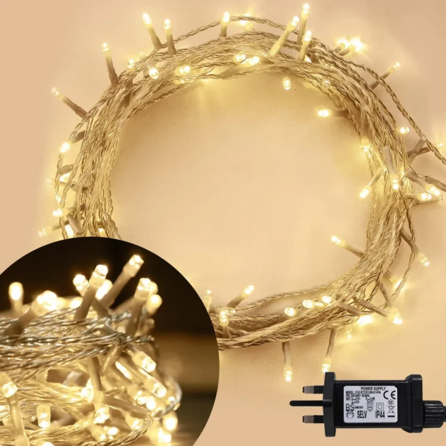 10 m clear cable fairy lights, 100 warm white LEDs, mains powered