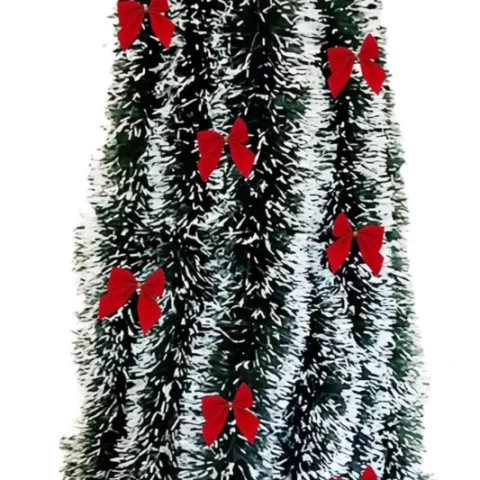 10 m green garland tipped with white, 25 red bows, 9 cm wide