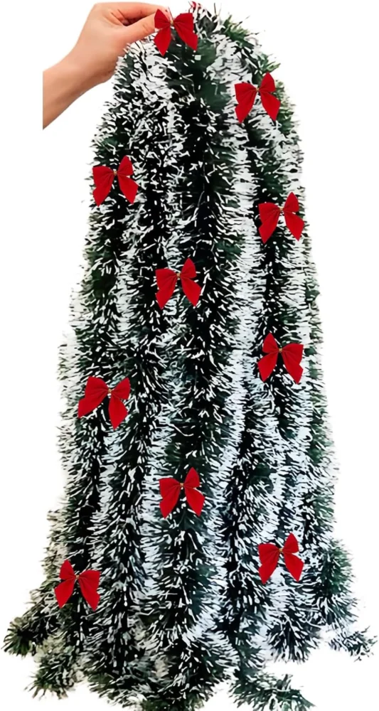 10 m green garland tipped with white, 25 red bows, 9 cm wide