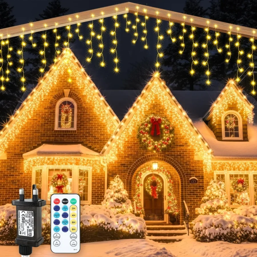 10 m icicle lights, 400 warm white LEDs, plug-in with remote
