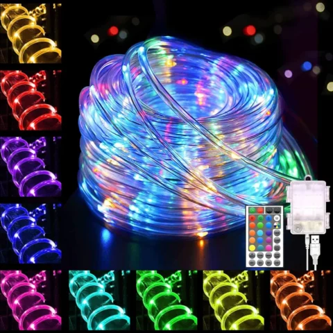 10 m RGBW rope light, 100 LEDs, battery or USB powered, remote