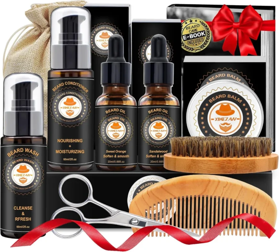 10-piece beard grooming gift set with wash, oil and balm