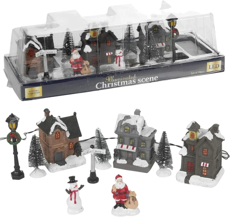 10-piece light-up Christmas town scene with warm white LEDs