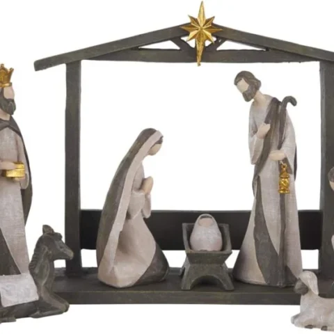 10-piece Silent Night nativity set in black, gold and grey resin