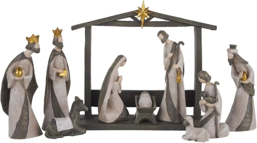 10-piece Silent Night nativity set in black, gold and grey resin