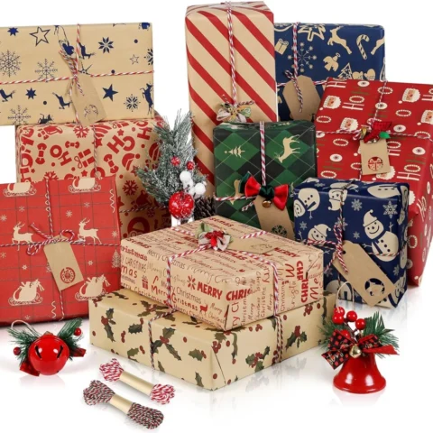 10 red and blue kraft wrapping sheets with 20 m string and tags