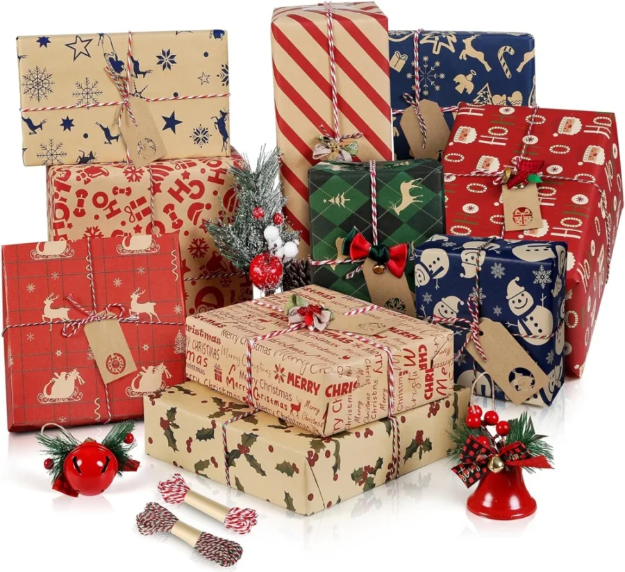 10 red and blue kraft wrapping sheets with 20 m string and tags