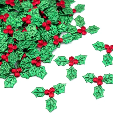 100 mini artificial holly leaves with berries, 3.5 cm, red and green
