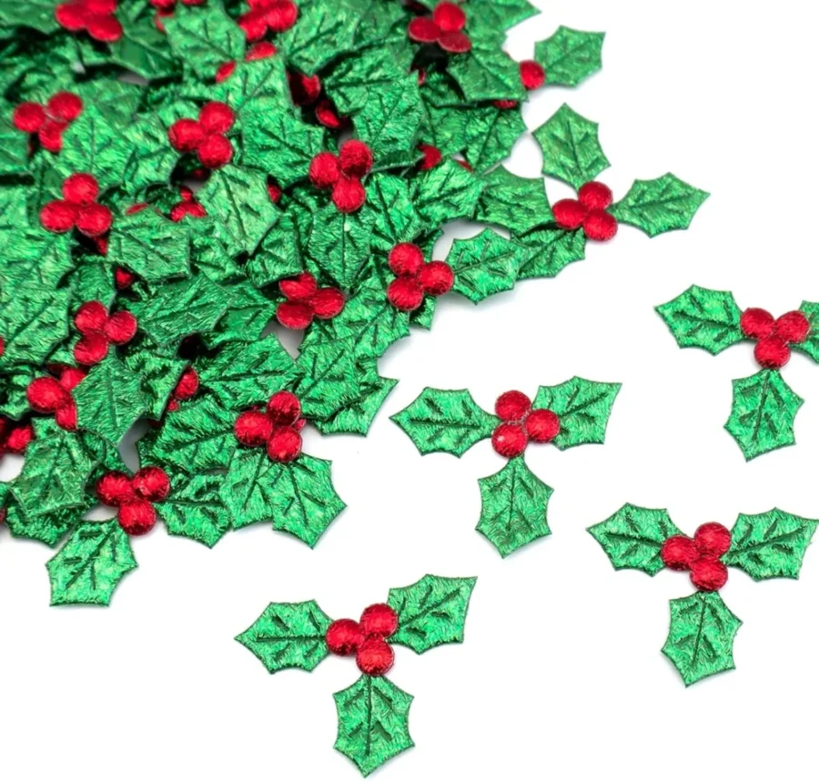 100 mini artificial holly leaves with berries, 3.5 cm, red and green