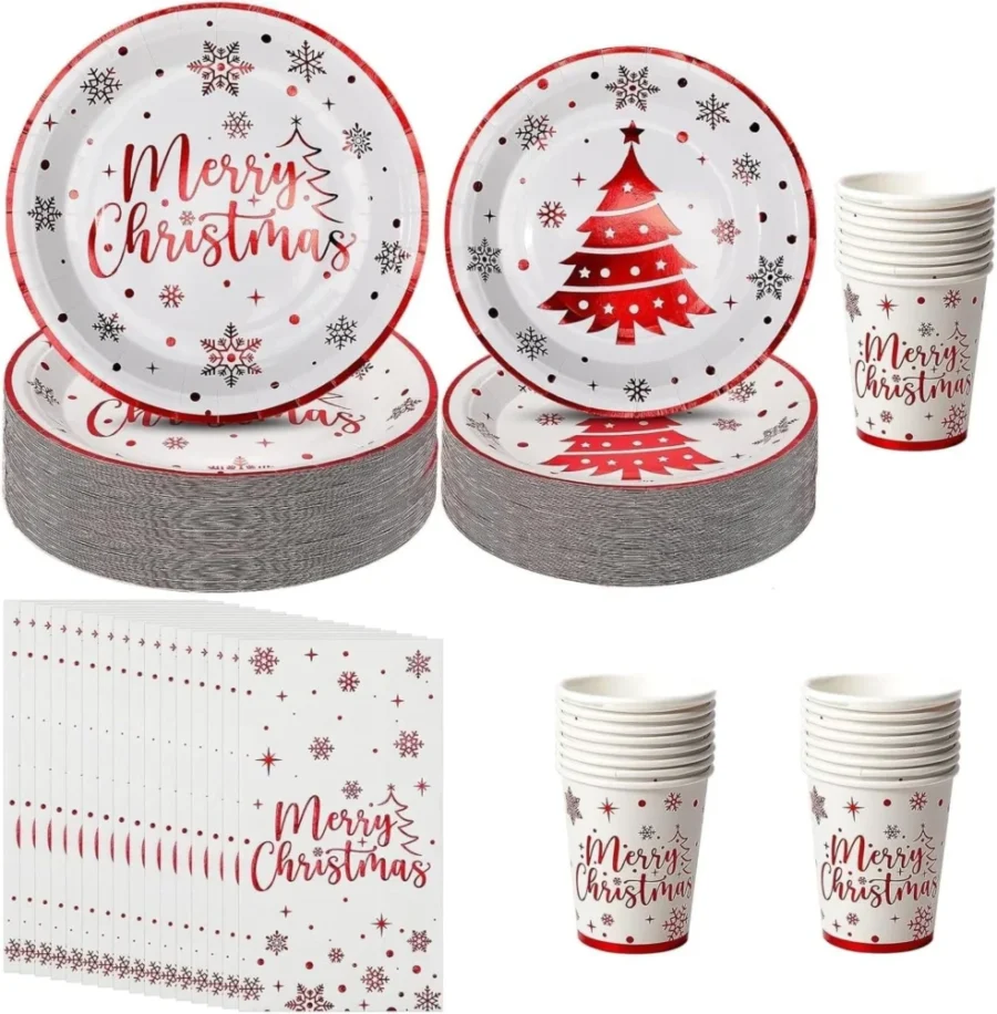 100-piece Christmas tree paper tableware set for 25 guests