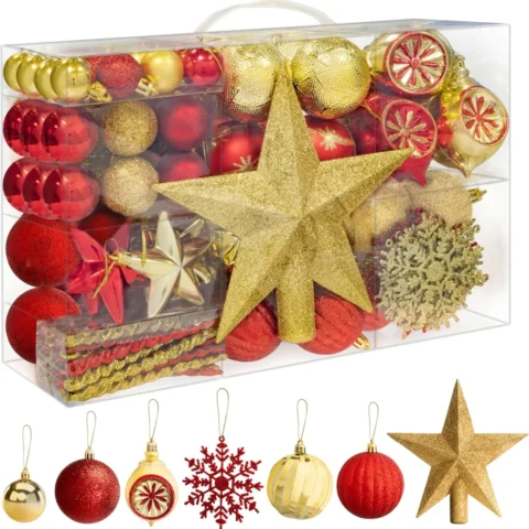 108-piece red and gold bauble, star and snowflake set