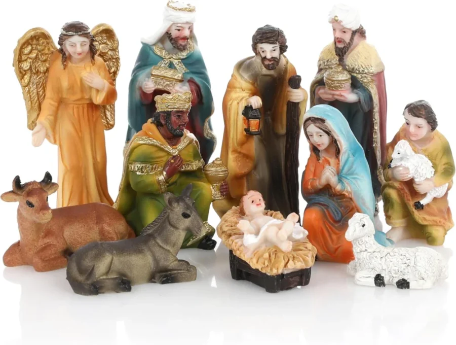 11-piece multicolour nativity figures in resin, up to 7.1 cm tall