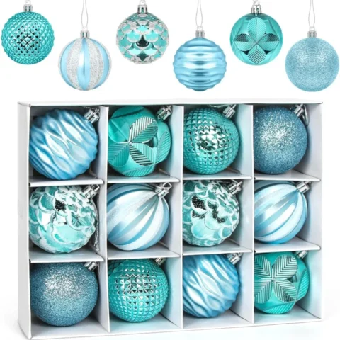 12 blue shatterproof Christmas baubles, 6 cm, in 6 patterns