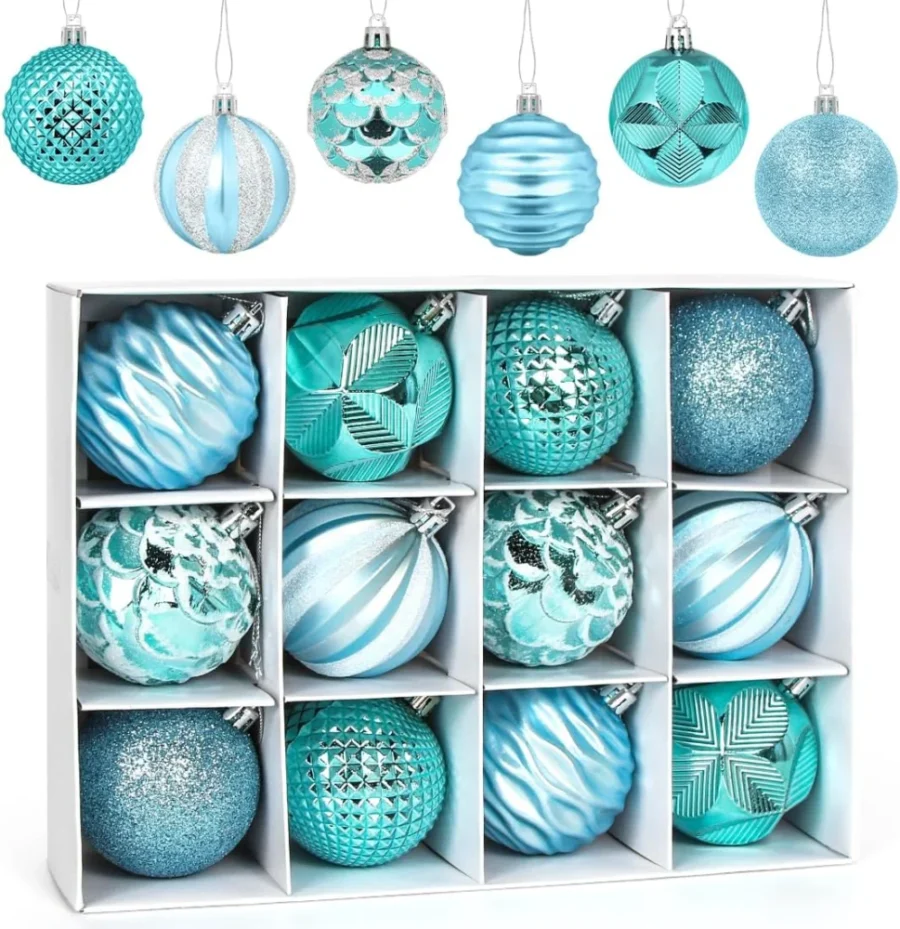 12 blue shatterproof Christmas baubles, 6 cm, in 6 patterns