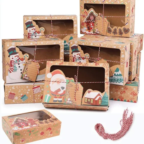 12 Christmas cookie boxes with clear window, tags and ribbons