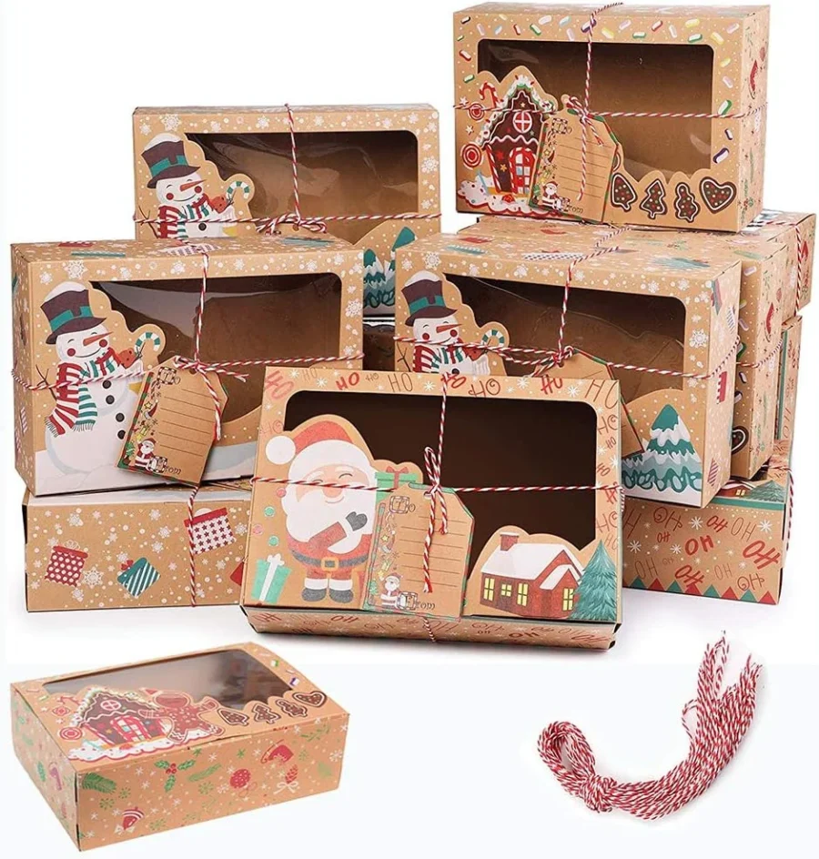 12 Christmas cookie boxes with clear window, tags and ribbons