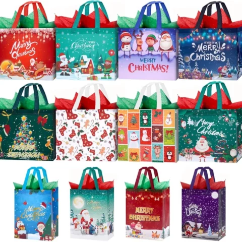 12 Christmas tote gift bags with tissue paper, 8 large and 4 medium