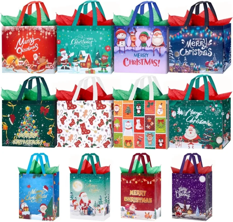 12 Christmas tote gift bags with tissue paper, 8 large and 4 medium