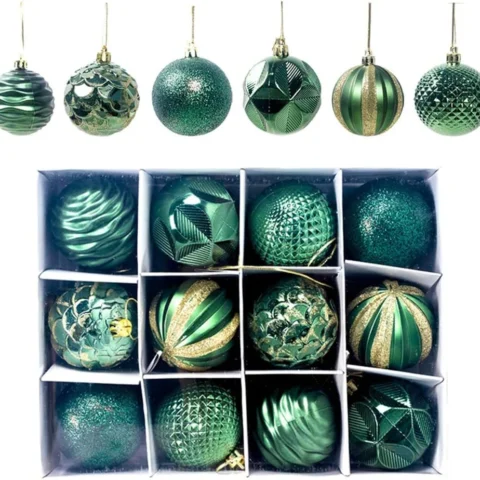 12 green shatterproof baubles, 6 cm, with pre-tied hanging cords