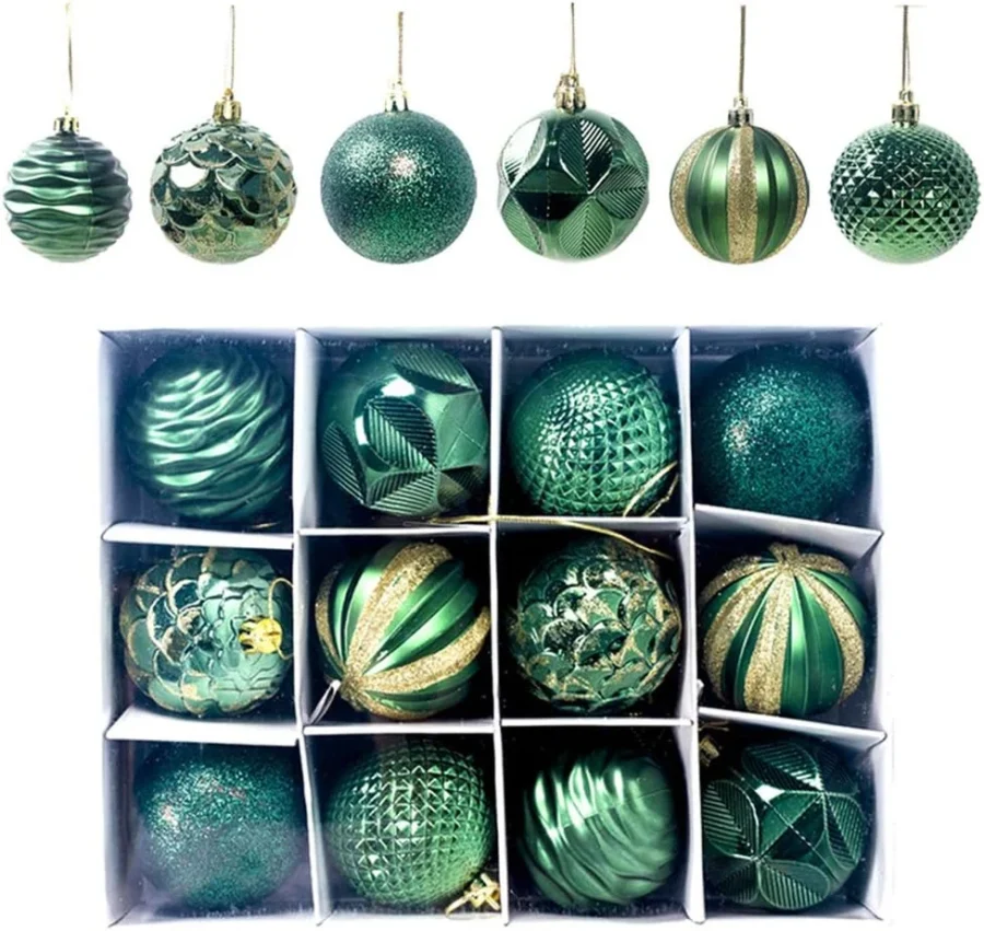 12 green shatterproof baubles, 6 cm, with pre-tied hanging cords