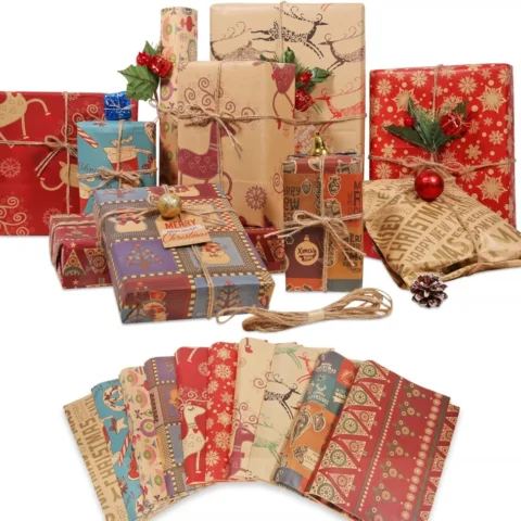 12 kraft Christmas wrapping sheets, 10 designs, with twine and tags