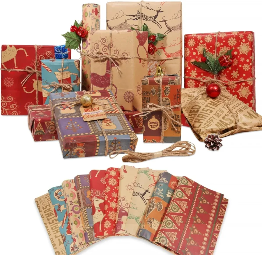 12 kraft Christmas wrapping sheets, 10 designs, with twine and tags