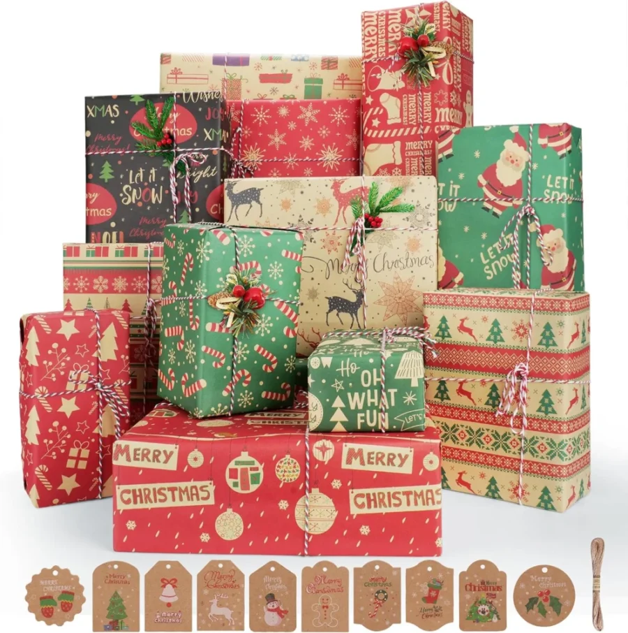 12 kraft Christmas wrapping sheets in 12 patterns with tags and twine