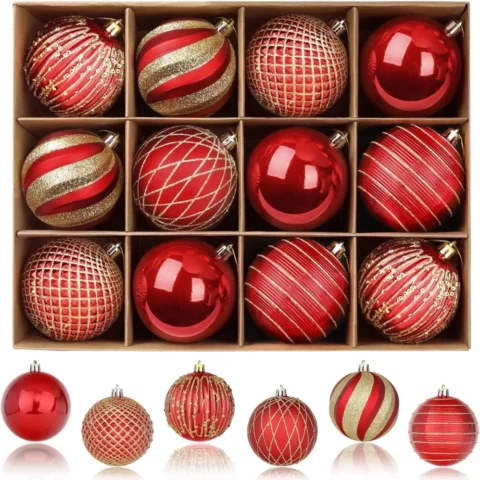 12 large red and gold shatterproof baubles, 8 cm, 3 finishes