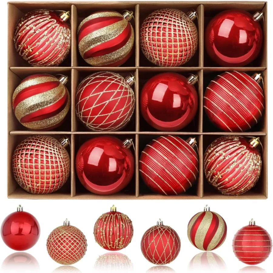 12 large red and gold shatterproof baubles, 8 cm, 3 finishes