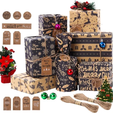 12 navy blue kraft wrapping sheets, 6 designs, 10 tags, 20 m jute