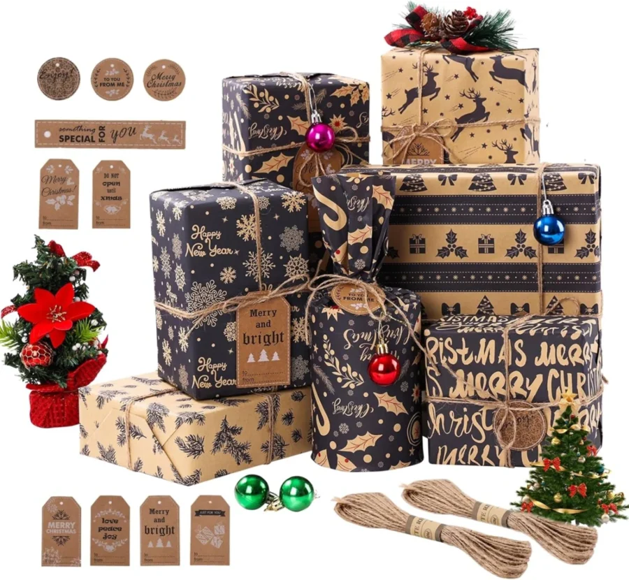 12 navy blue kraft wrapping sheets, 6 designs, 10 tags, 20 m jute