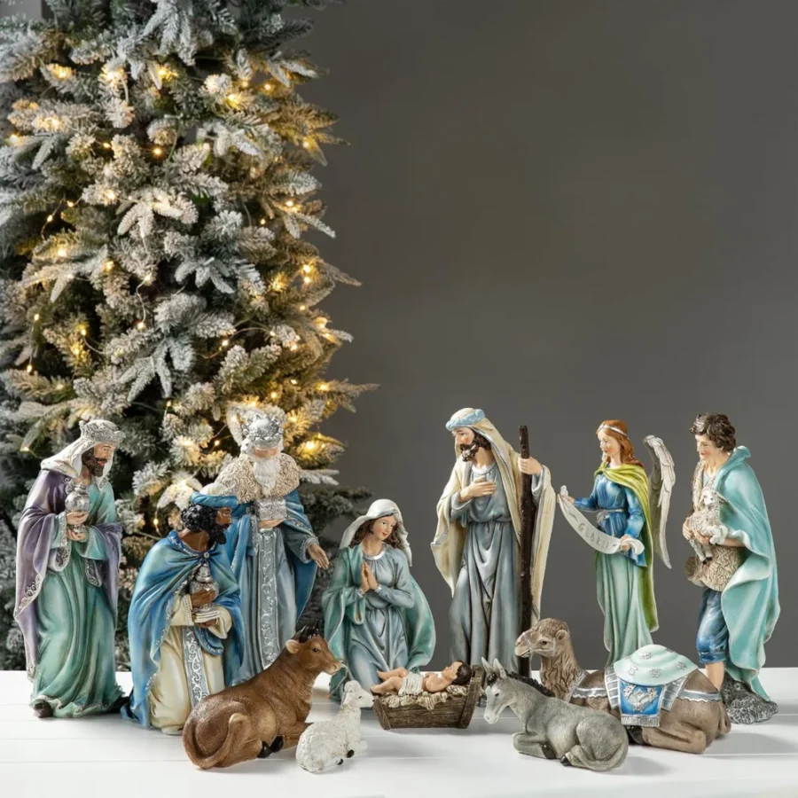 12-piece blue resin nativity set with removable baby Jesus
