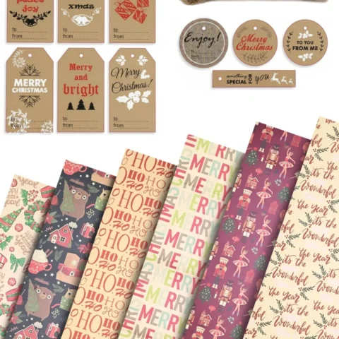 12 recycled kraft Christmas wrapping sheets, 6 designs, tags, twine