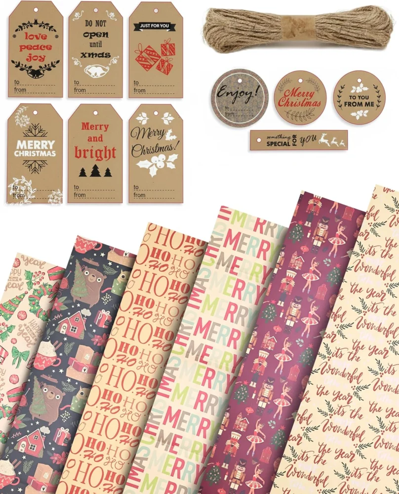12 recycled kraft Christmas wrapping sheets, 6 designs, tags, twine