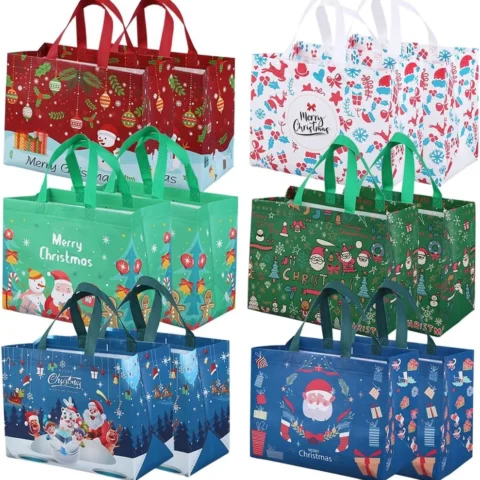 12 reusable Christmas tote bags in 6 designs, 32.5 x 25 x 17 cm