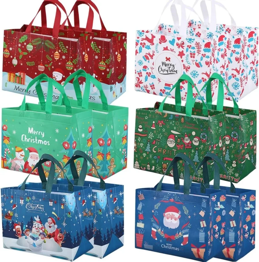 12 reusable Christmas tote bags in 6 designs, 32.5 x 25 x 17 cm