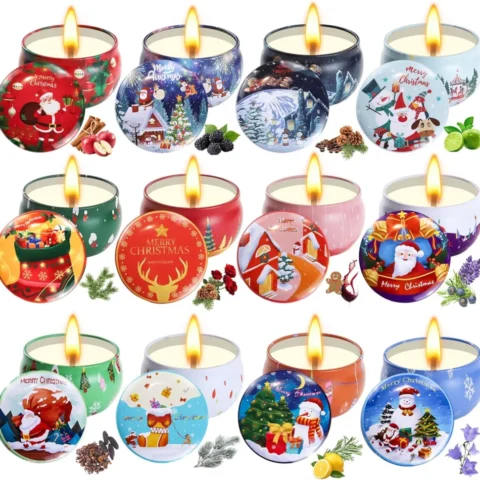 12 scented Christmas candles in 5 cm metal tins, 12 fragrances