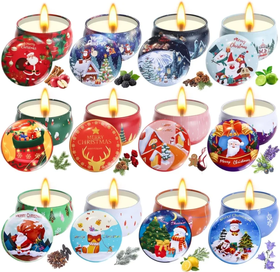12 scented Christmas candles in 5 cm metal tins, 12 fragrances