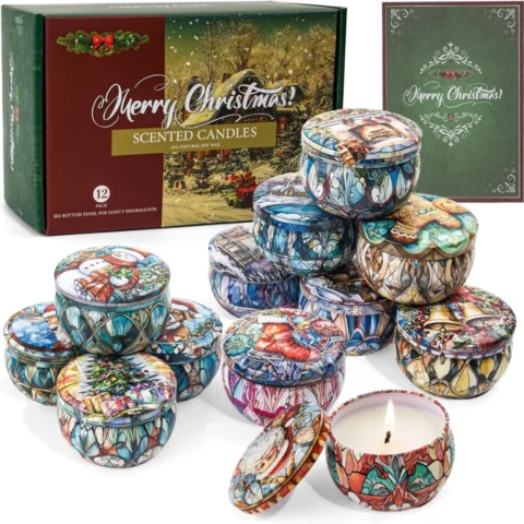 12 soy wax Christmas candles in 5 cm glass jars, 12 scents