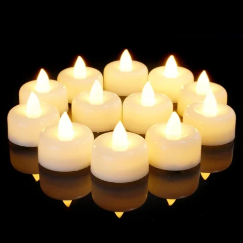12 warm white LED tea lights with rotary switch, AG10 batteries